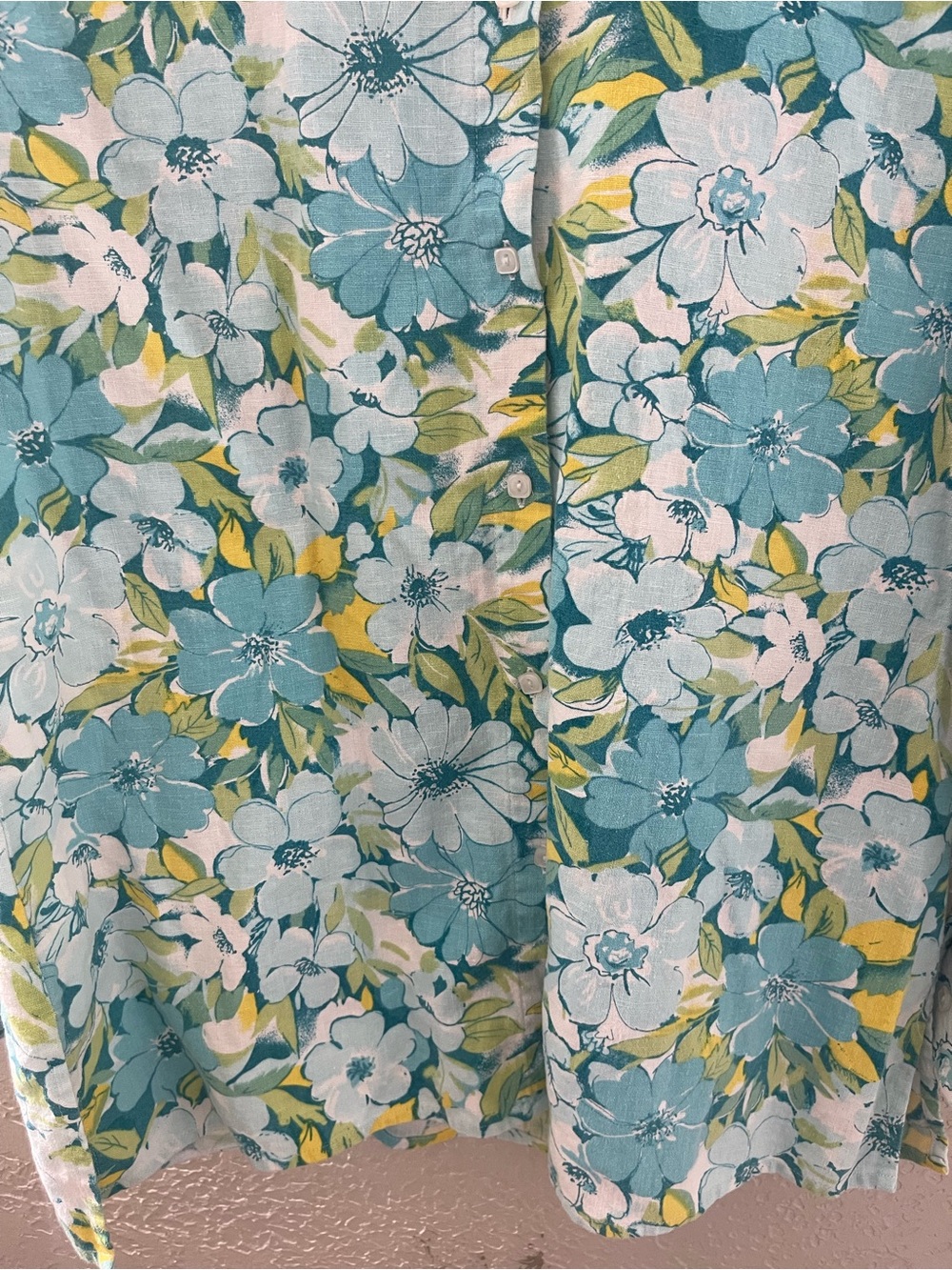 Kim Rogers Casual Aqua and Yellow Floral Linen Shirt Small Adjustable Sleeves - Picture 3 of 7